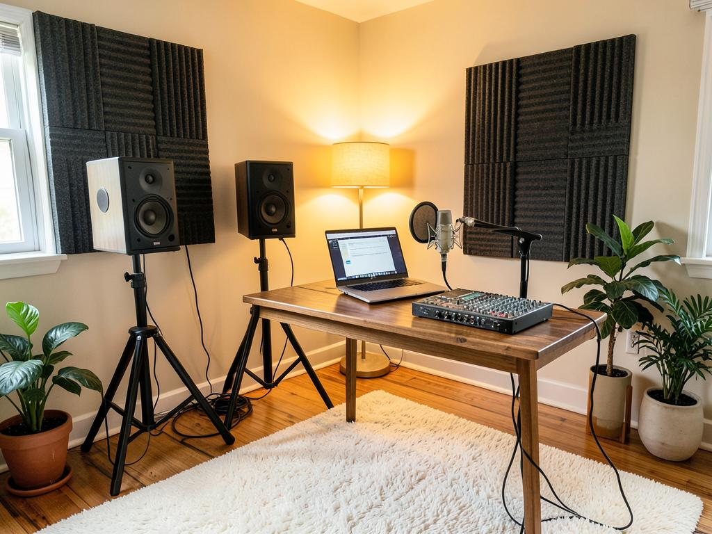 Actual studio props at the house — monitors, laptop, mixer, and vocal microphone