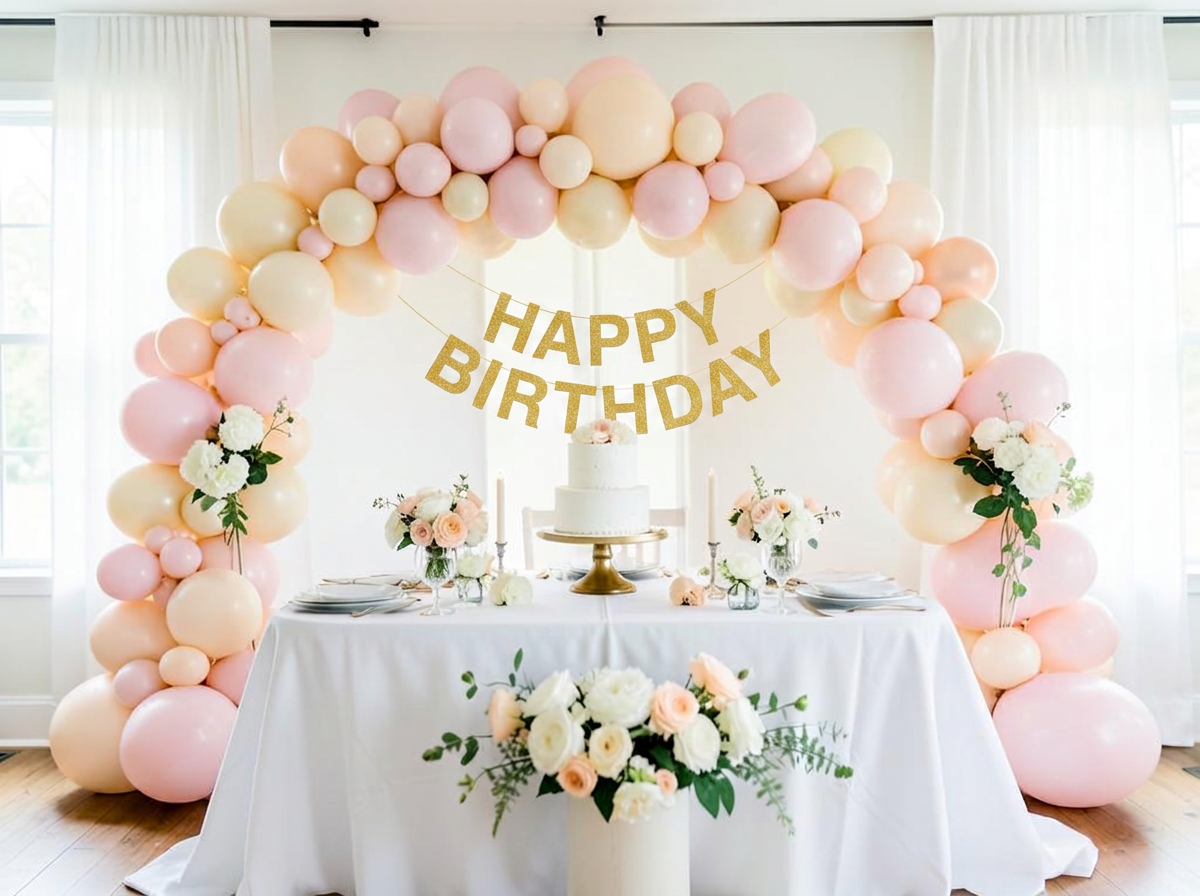 Birthday setup with pastel balloon arch, cake table, and gold Happy Birthday banner
