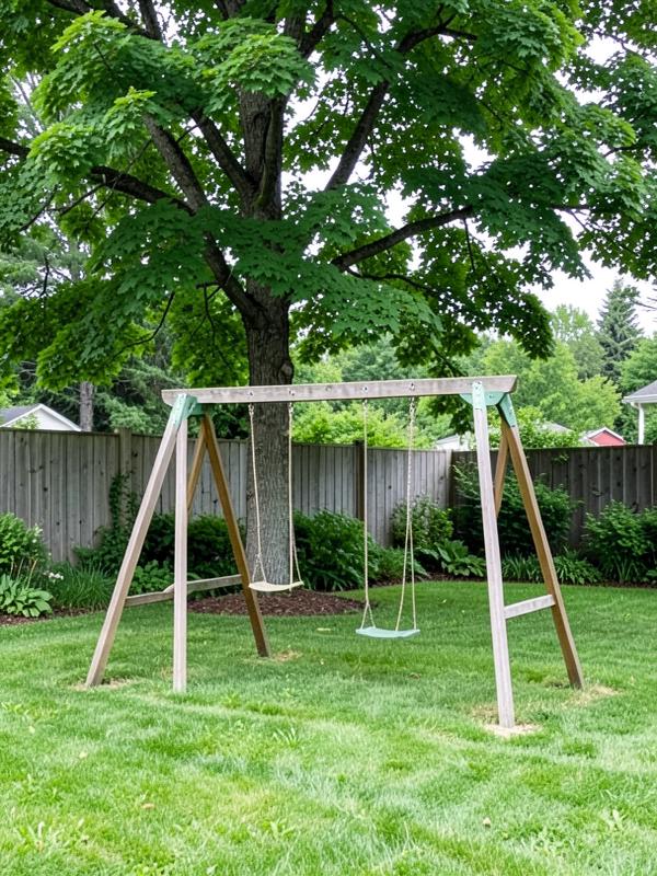 Backyard with lawn, seating, and a baby swing under trees