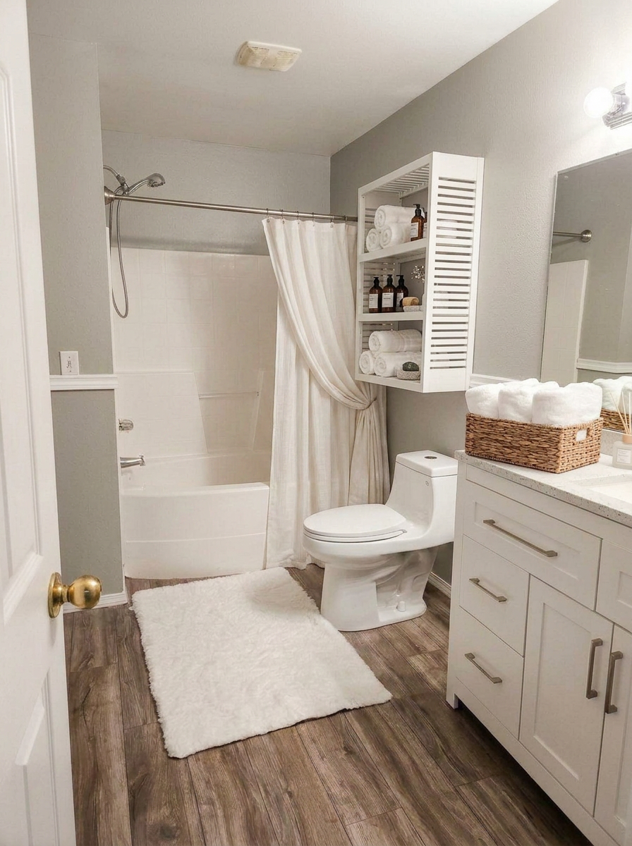 Full bathroom with soaking tub and quartz vanity