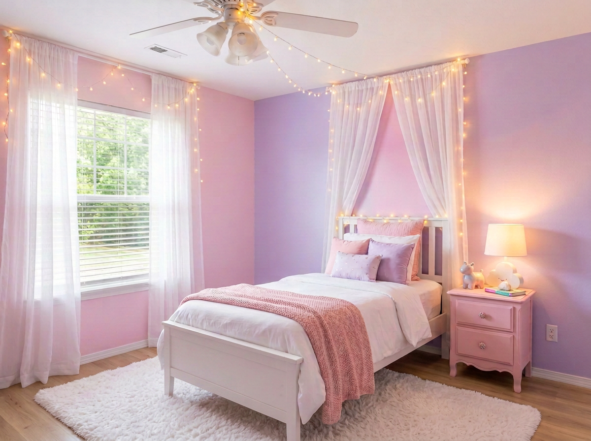 Kids-friendly bedroom with a single bed, pink and lavender walls, fairy lights, and a fluffy rug