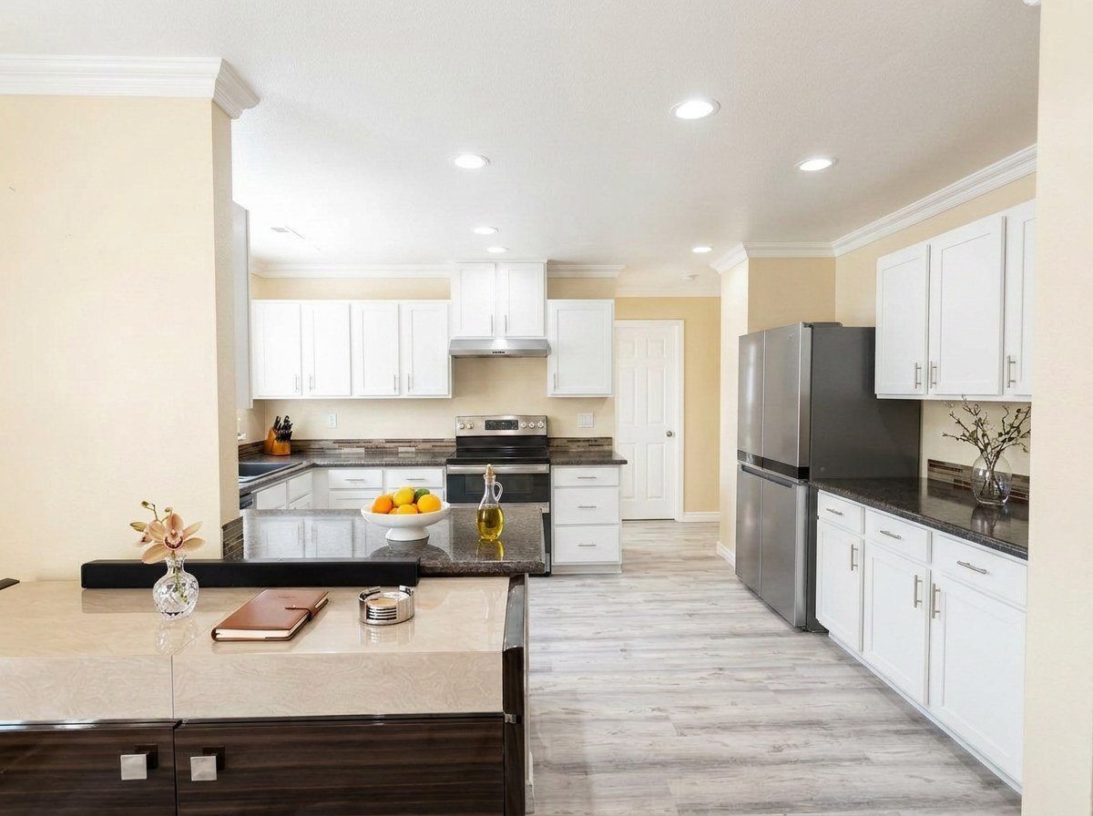 Wide view of the kitchen with island seating