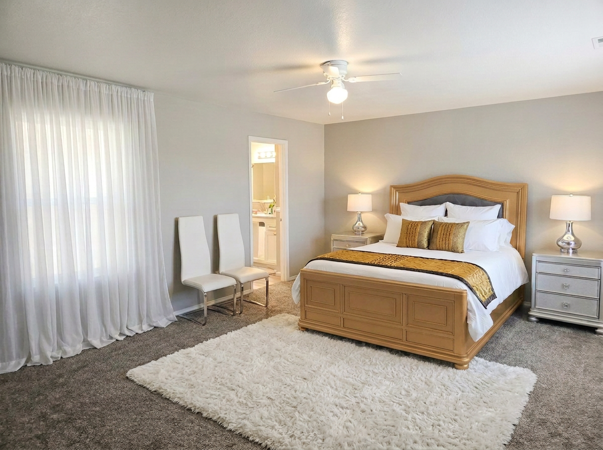 Primary bedroom with tan upholstered king bed