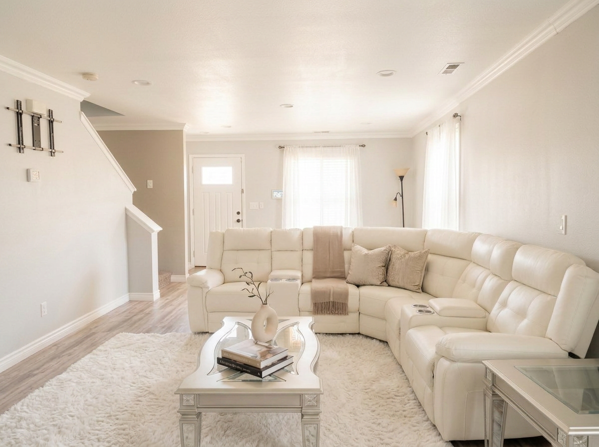 White leather sectional lounge with mirrored coffee table